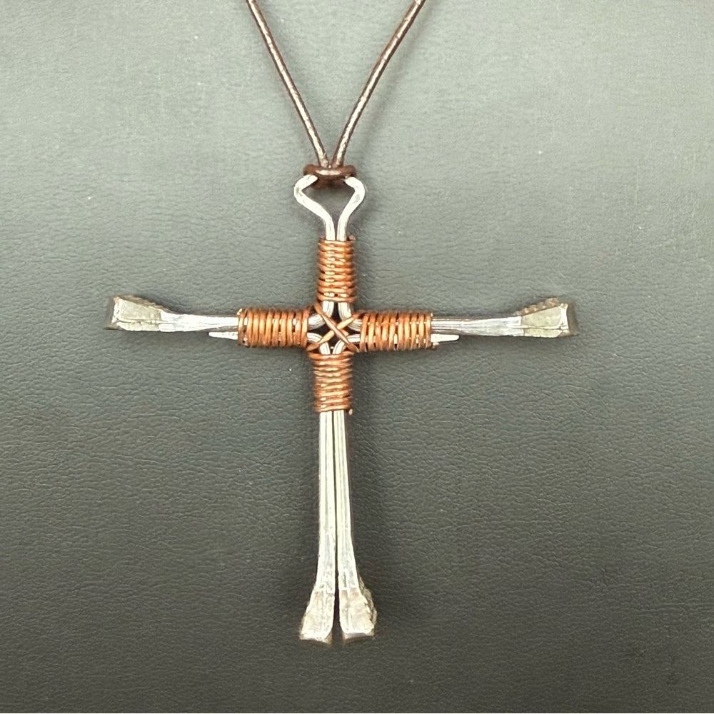 Handmade Horseshoe Nail Cross Pendant Necklace Brown / Copper Gauge Wire Wrap